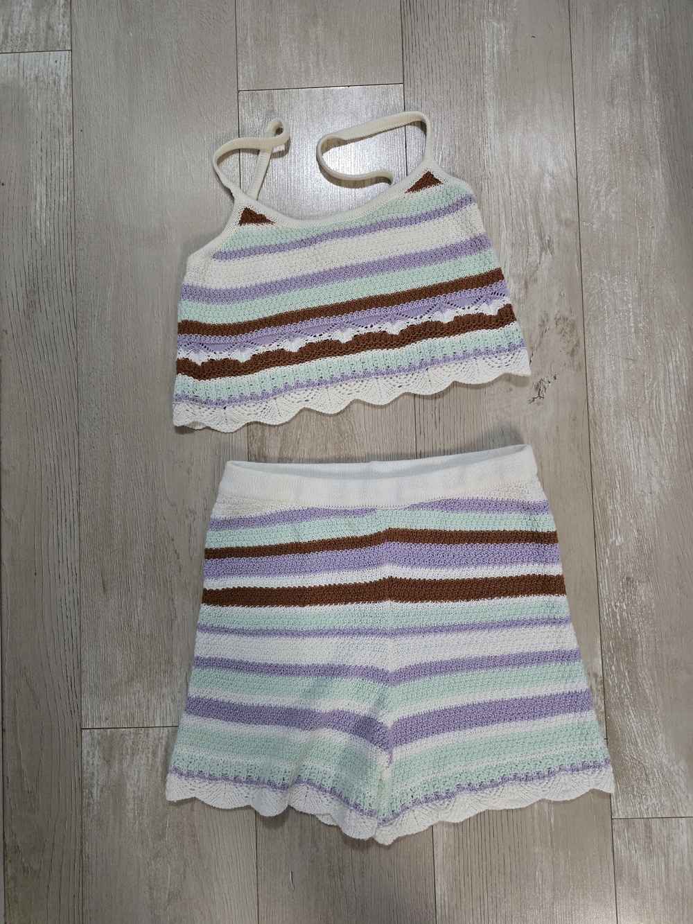 Striped Knit Crop Tank & Shorts Set - Cream, Mint, Lavender, Brown